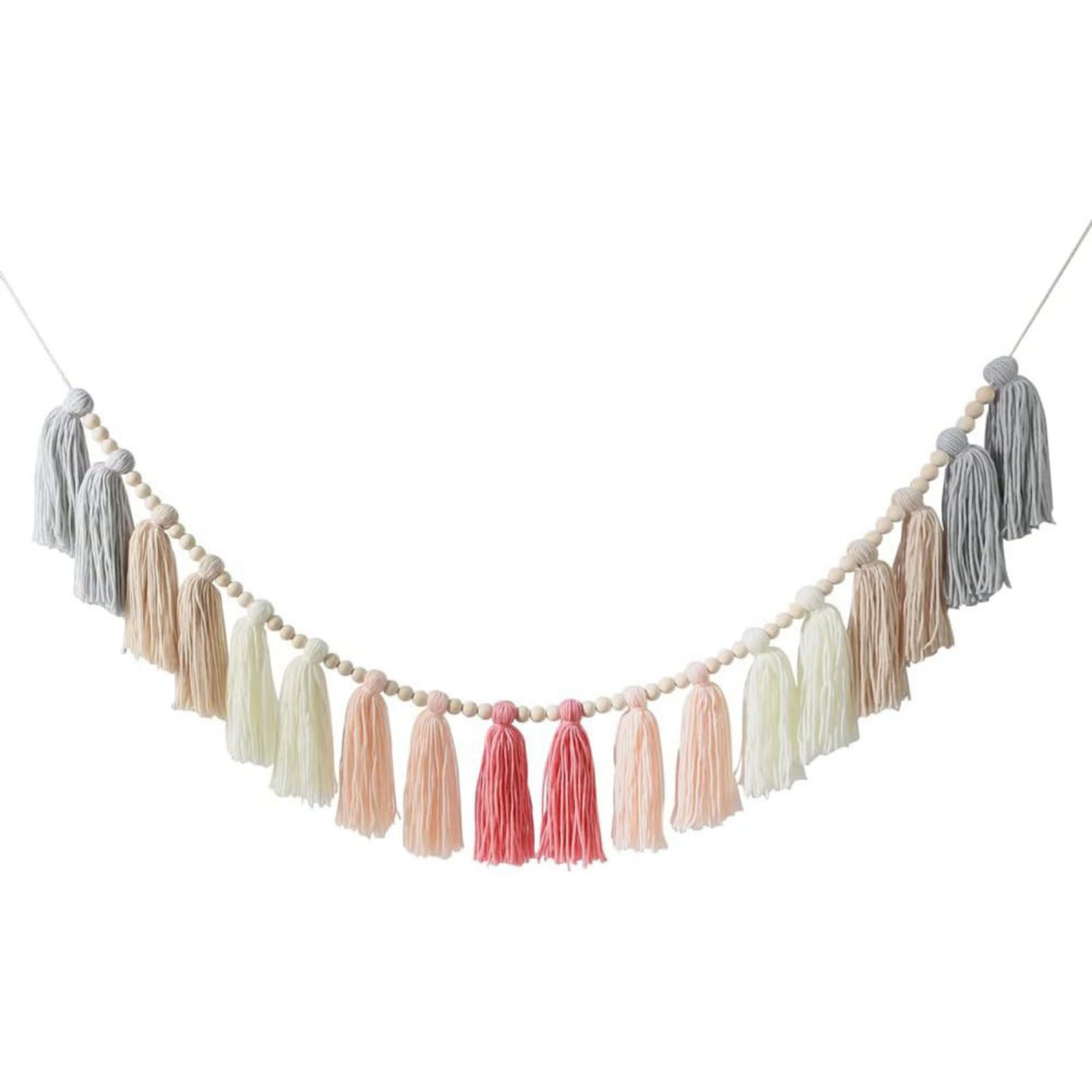 Handgemachte Regenbogen Wanddeko Wandteppich mit Holz Perlen und Quaste Girlande, Fallen Pastellfarbenes Quastenbanner Perle Quaste für Party, Klassenzimmer, Kinderzimmer, Schlafzimmer (4 pcs,rosa)