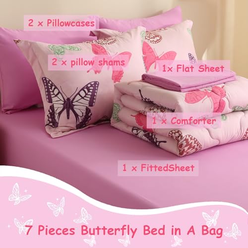 Image of Pink Girls Butterfly Bedding Set Full Size 7 Piece Glow in The Dark Butterfly Comforter with Sheets & Pillowcases Soft Microfiber Bed in A Bag for Kids Teens All Season