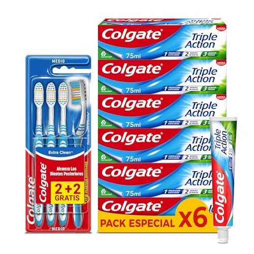 Colgate - Pack Pasta de Dientes Triple Acción 6 x 75ml + 4 Cepillos de Dientes Extra Clean Dureza Media - Limpieza Profunda, Protección Anticaries, Aliento Fresco y Dientes más Blancos