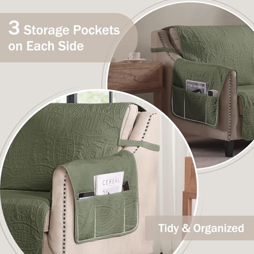 Image of Green Recliner TV Chair Covers, Quilted Decor Water-Repellent Medium Lazy Boy Chair Covers, Pet Friendly Recliner Slipovers for Dogs Cats, Washable Recliner Cover (Recliner 26 inch, Olive Green)