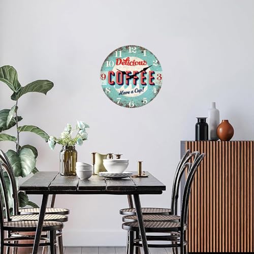Image of XFM Rustic Kitchen Wall Clock 10 Inch Blue Wooden | Silent Non-Ticking Battery Operated Vintage Coffee Retro Round Decorative for Cafes Bar Farmhouse Office
