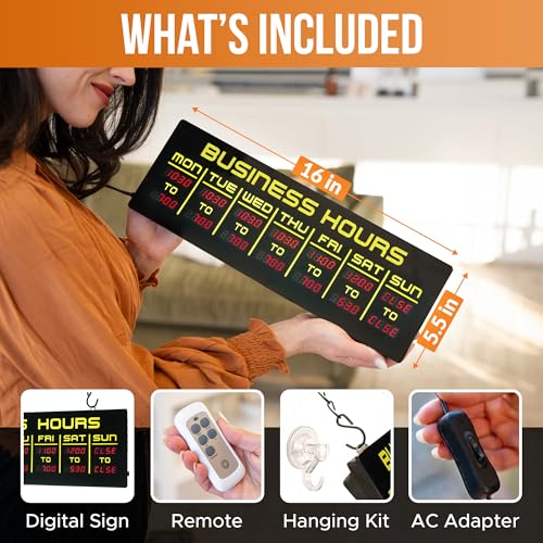 Image of Digital Business Hours Sign by ELEMENT LUX - Electronic Programmable Hours of Operation Signs for Business with Ultra Bright LEDs for Glass Door - Remote and Hanging Kit - 16in x 5.5in, Yellow