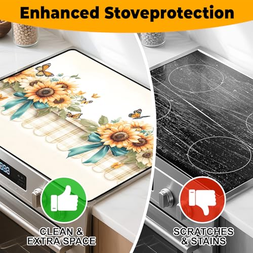 Image of Stove Top Cover Retro Flower Gas Stove Top Cover for Home Decoration Kitchen Pad Non-Stick Washable Cooktop Covers Countertop Protector Keep Stove Clean 28 inchx20 inch (Sunflower)