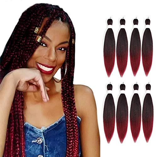 Pre-stretched Braiding Hair Itch Free 24 Inch 8 Packs/Lot Ombre Burgundy EZ Braid Hot Water Setting Braiding Hair Professional Synthetic Fiber Yaki Texture Pre-feathered Braiding Hair (1B/900#)