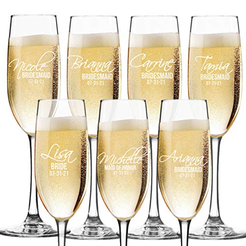 Set of 3 6 8 and More Custom Etched Bride Bridesmaid Champagne Flutes - Personalized Wedding Party Glass Gifts - Feather Tip Style 7