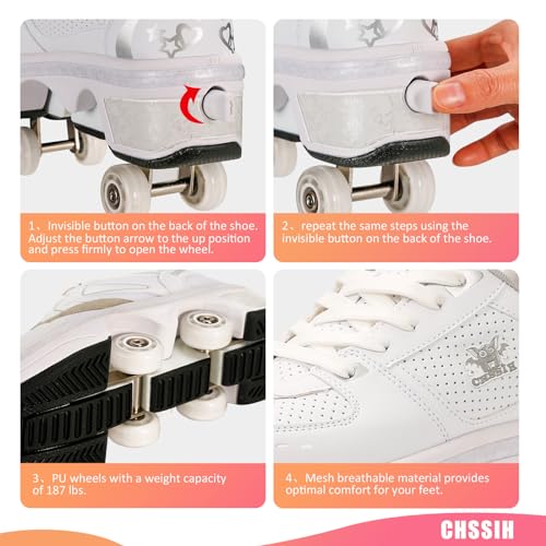 Image of Roller Skates for Women /Girls, Retractable Kick Roller Shoes with Wheels for Men, Outdoor Quad Wheel Rink Skates Adjustable Deformation Sneakers for Adult /Boys