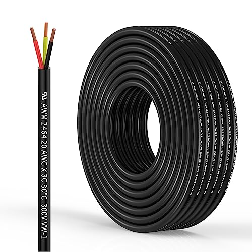 20 Gauge 3 Conductor Electrical Wire Oxygen-Free Copper Cable 50FT/15.3M Flexible Low Voltage Cable for LED Strips Lamps Lighting Residential Wiring car Circuit(20/3AWG-50FT)