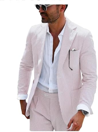 Leisure Mens Striped Seersucker Slim Fit Suit Grooms Lightweight Sear Sucker Suit for Wedding