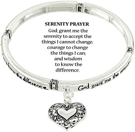 Silver-tone Serenity Prayer Inspirational Theme Stretch Bangle Charm Bracelet W/Gift Box