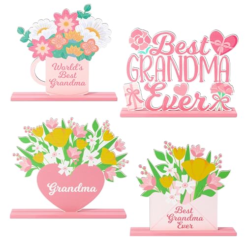 Haooryx Mother's Day Tabletop Centerpiece - 4Pcs Grandma Pink Flower Table Topper Centerpiece Best Grandma Ever Wood Letter Sign Detachable Decoration Mother's Day Decor Birthday Gift