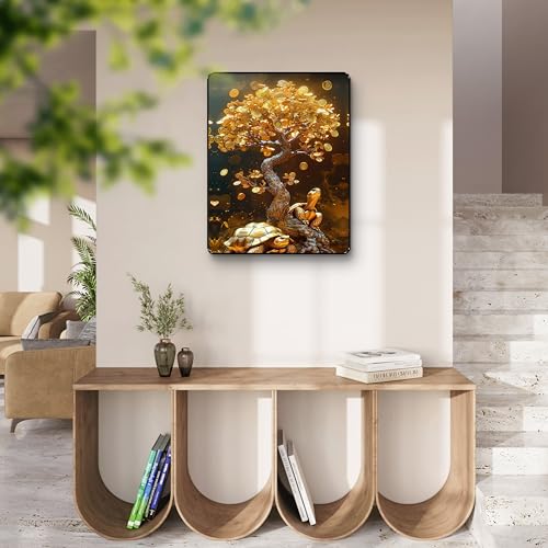 Image of SAF Golden Money Tree Tortoise Wall Art Black Framed Sparkle Laminated Painting for Wealth & Prosperity Vastu Decor | Luxury Positive Energy Poster for Home Office (14 Inch x 11 Inch) K-36108