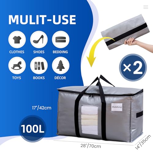 Image of TAILI Extra Large Moving Bags, 2 Pack Silver Heavy Duty Totes For Storage with Visible Window, Wrap Around Handles, Storage Bags for Space Saving, Alternative to Moving Boxes