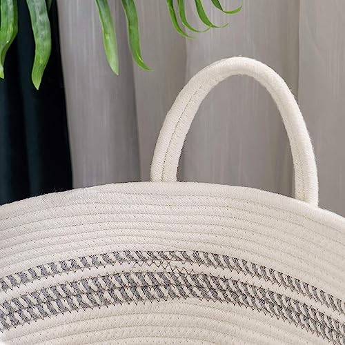 Image of Woven Rope Laundry Hamper Basket, Baby Nursery Hamper For Blanket Storage, Clothes Hamper For Laundry In Bedroom,Hall ( Tall (58L) (15 inchX15 inchX20 inch),(Stripe White))