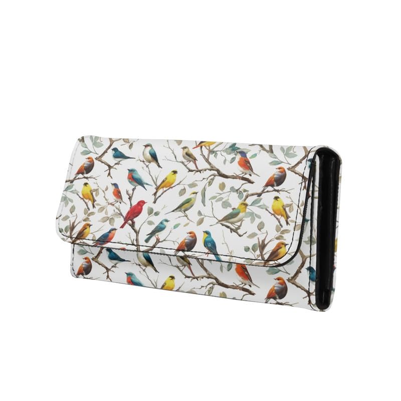 Birds Pattern Women Long Wallet Trifold Credit Card Holder Clutch Wallets, Bird On Tree Painting PU Vegan Leather Checkbook Billfold Money Organizer