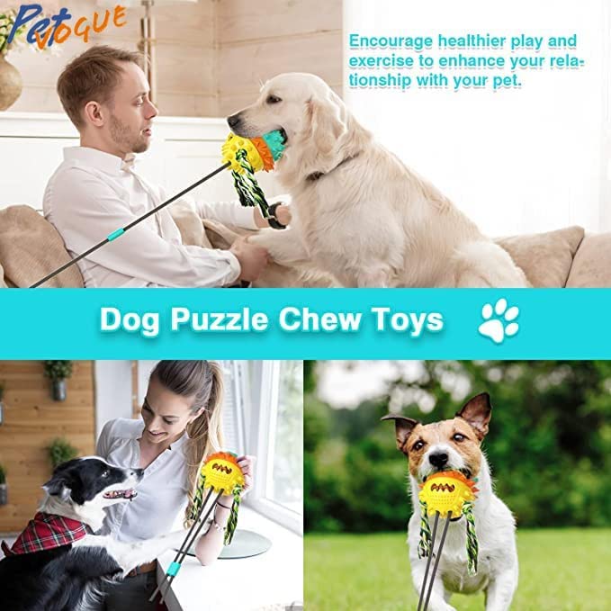 Image of PetVogue Interactive Dog Toy Include a tug-of-war Rope with a Teeth-Cleaning Ball a Suction Cup Dog chew Toy for Aggressive chewers a Treat-Dispensing Squeaky Dog Toy with Self-Playing (Blue, Yellow)
