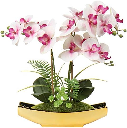 15" Artificial Phalaenopsis Flowers Arrangement Artificial Orchid Bonsai in Silver Pot Fake Flowers Silk Orchid Flower for Table Centerpieces Living Room Home Décor