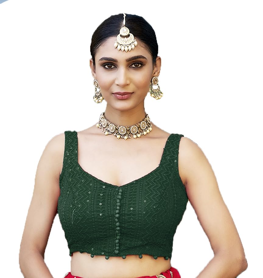 Vihu Fashion Women's Georgett Floral Sleeveless Regular Blouse (Vf B Lucknowi 3 Green 32