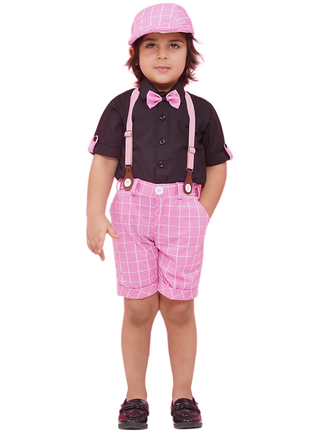 AJ DEZINES Kids Clothing Cotton Blend Checkered Printed Shirt Shorts With Cap and Suspenders Set for Boys