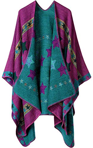Shmily Girl Poncho para Mujer Cardigan de Punto Capa con Bloques de Colores para Mujer Easy Cover Up (One Size, Estrellas/Púrpura)