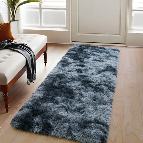 KING DARE Bedroom Rug Runner Bedside 2x6, Washable Shag Fluffy Area Rug Non-Slip Soft Carpet for Dorm Hallways Entryway Kids Room, Modern Home Decor Aesthetic, Blue and Grey