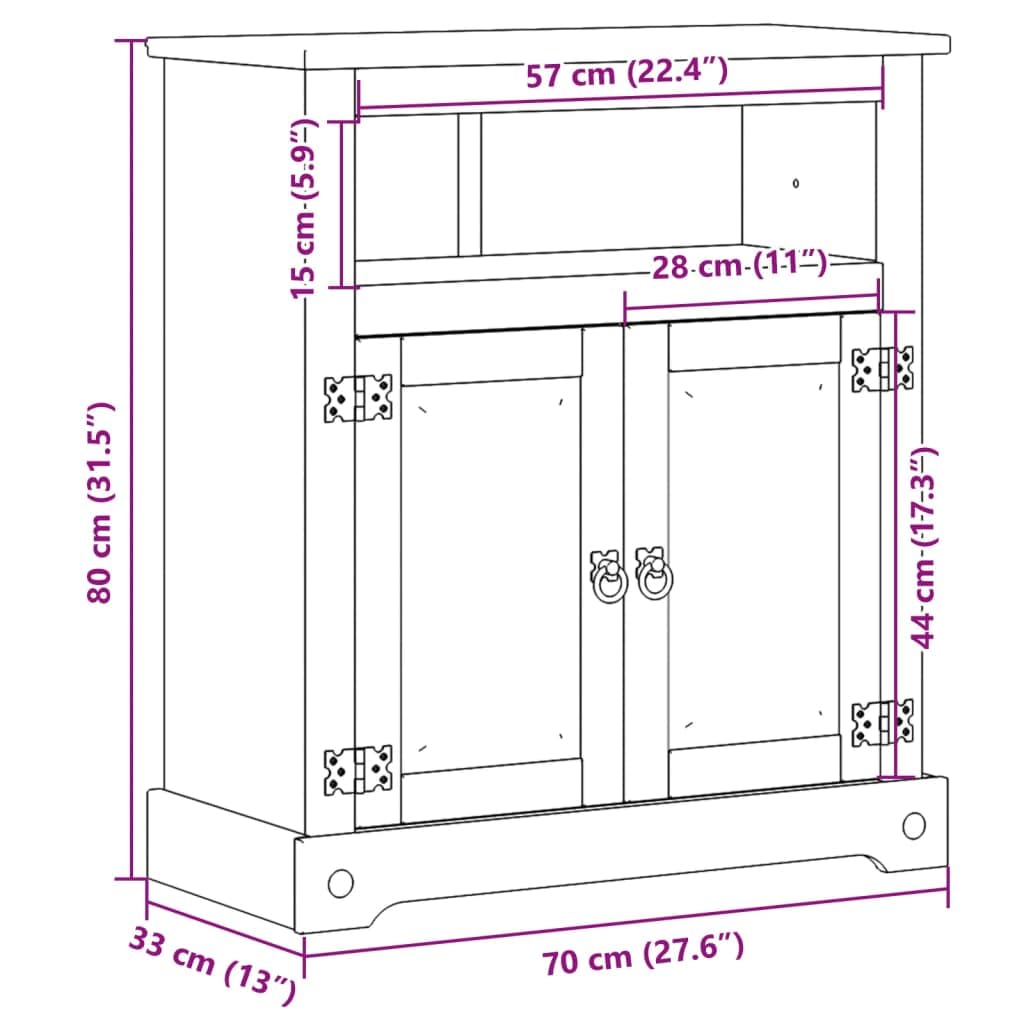 Szafka łazienkowa Corona z litego drewna sosnowego z wykończeniem woskiem miodowym, 70 x 33 x 80 cm, 1 otwarta półka, 2 drzwi, metalowe uchwyty, miejsce do przechowywania do łazienki, montaż