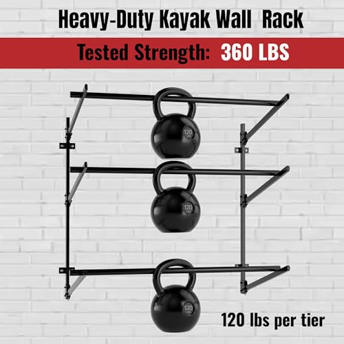 Image of 3-Tier Foldable Kayak Wall Rack, 360LBS Heavy Duty Kayak Storage Rack for Garage, Rustproof 304 Stainless Steel Kayak Hanger for Indoor Outdoor, Wall Mount for SUPs, Canoes, Surfboards