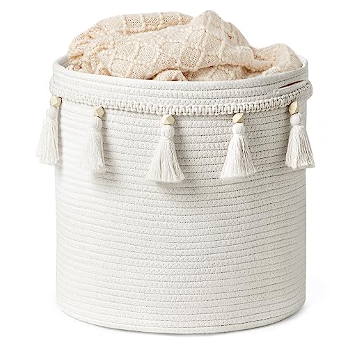 Image of UBBCARE Decorative Cotton Rope Basket-14 x 15 in, Boho Woven Storage Basket with Tassel, Macrame Basket for Organizing Towels, Baby Toys, Cute Storage basket for Nursery