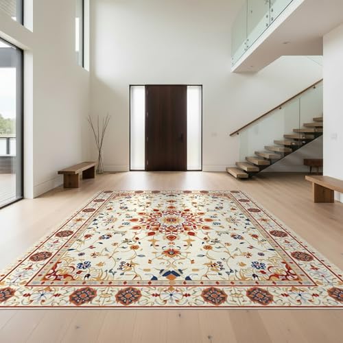 Design&I 8'x10' Easy Clean Traditional Border Massive Rug, Cream for King Size Bedroom, Master Suite, Under Bed, Sleek Flatweave Pet Friendly Built-in Grip Mat | 2238451