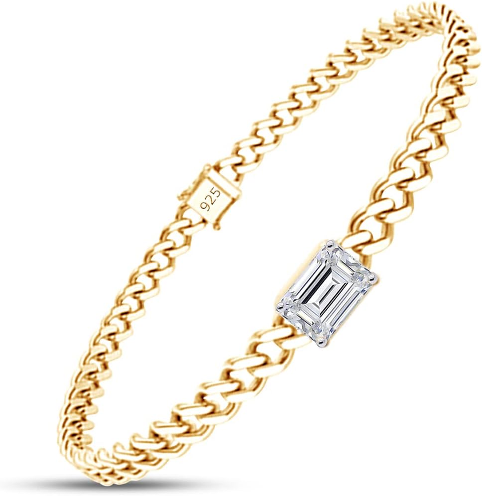 1 Carat 7X5MM Emerald Cut Lab Created Moissanite Solitaire Cuban Link Chain Bracelet For Women In 14K Gold Over Sterling Silver Size : 6 to 8.5 Inch,VVS1 Clarity