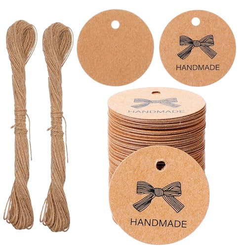 DOPENSPI 200 etiquetas de regalo de papel de estraza hechas a mano con cordón de yute de 40 metros, 3 cm, redondas, etiquetas de papel marrón, etiquetas decorativas colgantes hechas a mano
