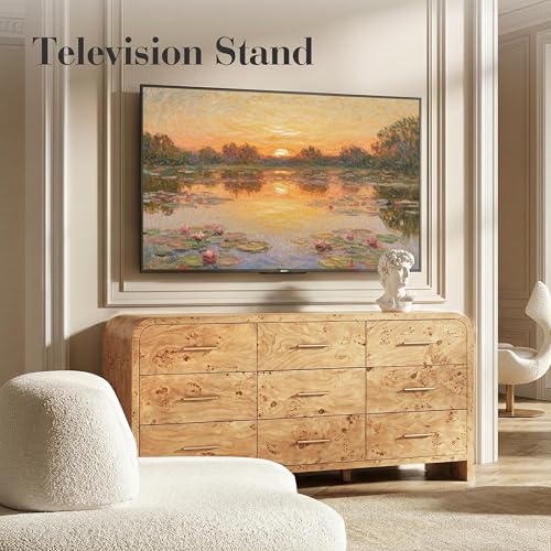 Image of Curved 9-Drawer Dresser for Bedroom, 63 inch Wide Modern Chest of Drawers, Vanity Desk TV Stand for Living Room, Closet Storage Drawers Organizer Furniture, Nursery, Hallway, Light Burl