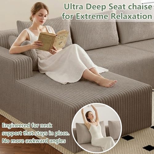 Image of 142 inch Cloud Sectional Boneless Couches for Living Room, Modular U Shaped Couch with 2 Chaise, Modern Comfy Deep Seat Corduroy Memory Foam Compressed Sofa for Apartment, Camel