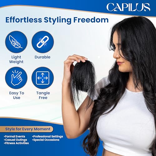 Image of Capilus Women's Front Head Indian Natural Hair Extension - Clip On Clip Hair Bang Fringe Hair Piece Thin Extension for Women and Girls (Natural Black)