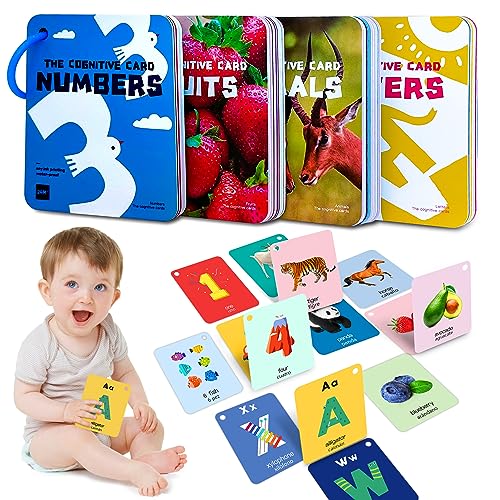 Image of JONZOO Bilingual Baby Flash Cards, 100 Pages Toddler Flashcards with Rings & Holes, Educational Toy for Kids Baby Toddlers Over 6 Months Learn ABCs/Language/Numbers/Animals/Fruits(Visual Cards)