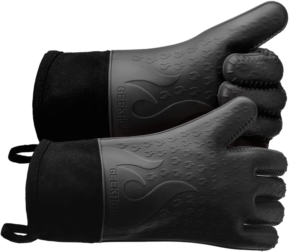 GEEKHOM Silicone Grilling Gloves, Heat Resistant Oven Gloves Kitchen Oven Mitts, BBQ Gloves, Waterproof Non-Slip for Barbecue, Cooking, Baking, Fryer, Black Large Black