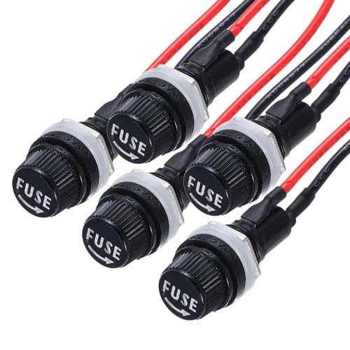sourcing map 5 Pcs Panel Mount Fuse Holder 5x20mm AC 250V 10A/AC 125V 15A Screw Cap Fuse Holders with Pre-Soldered Wires,Round Shape Port