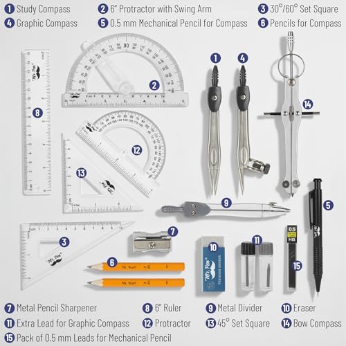 Mr. Pen Geometry Set with 6 Inch Swing Arm Protractor, Divider, Set Squares, Ruler, Compasses and Protractor, 15 Piece Set