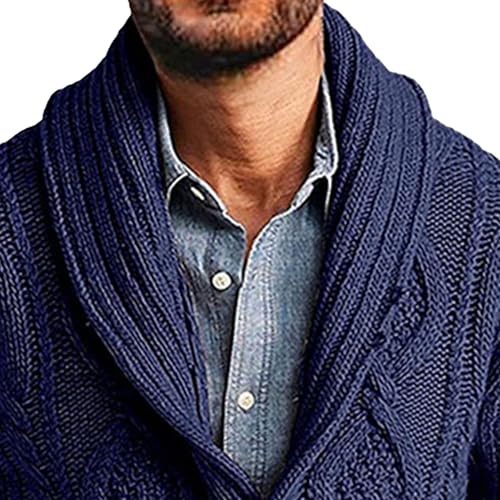 Mens Twists Knitted Sweater Cardigan Cable Knit Shawl Collar Loose Cardigans Stand Collar Cable Knit Button Sweaters (Navy Blue,X-Large)2