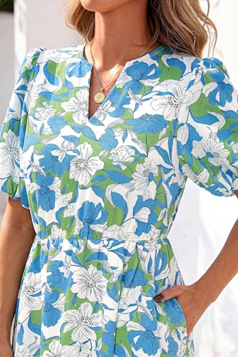 dowerme Womens Summer Dresses 2026 Casual Puff Short Sleeve V Neck Floral Boho Tiered Ruffle Maxi Dress with Pockets(Green Blue White Floral,Medium) — view 4