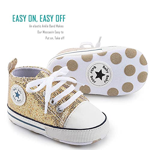 Newborn Baby Girls Boys Canvas Shoes Infant Soft Sole Slip On First Walkers Sneaker Toddler Flat Lazy Loafers High Top Crib Denim Unisex Moccasins Shoe (B/Gold, 0-6 Months) #TOP4