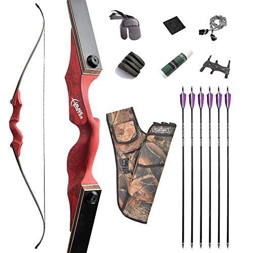 60 Inch Takedown Recurve Bow Set for Adults 20-60 Lbs American Hunting Bow Trditional Wood Riser Right Hand Long Bow for Practice Hunting (45 Lbs, Red)