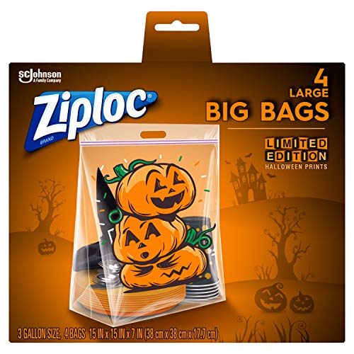 Ziploc Storage Bags, Double Zipper Seal & Expandable Bottom, Large, 4 Count, Big Bags with Halloween Designs