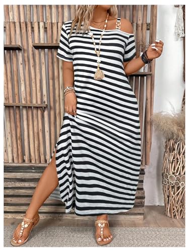 Image of Verdusa Women's Plus Size Off The Shoulder Maxi Dress Striped T Shirt Dresses with Pockets Summer Vacation Outfits