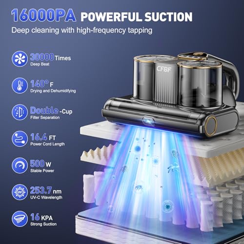 Image of CFBF Mattress Vacuum Cleaner, Bed Vacuum Cleaner with 16Kpa Suction 253.7nm UV-C Light, Ultrasonic & High Heating, 500W Powerful Double-Cup Handheld Vacuums