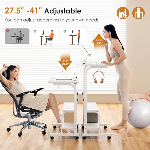 SogesGame 31.4inches Adjustable Mobile Computer Desk Storage Shelves, Portable Laptop Desk Tablet Slot,Rolling Working Desk Home Office Desk,(White,31.4 inches with Storage) by SogesGame - Image 6