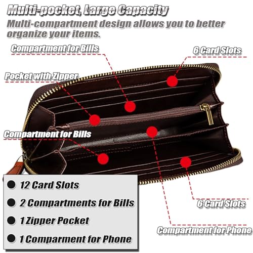 Handmade Crocodile Print Cowhide Wallet for Women, Vintage Multi-color Wristlet Clutch, Lady Zip Around Phone Purse(Black/Red)4