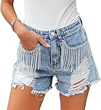 Mincib Women's Denim Shorts Rhinestone Fringe Mid Rise Ripped Jean Shorts with Pockets(Lightblue,XL)