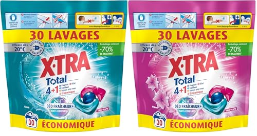 Xtra Total - Lot de 2 Pack de Capsules de lessive - Trio-Caps - 4 plus 1 - Parfum Fleuri + Parfum Givré