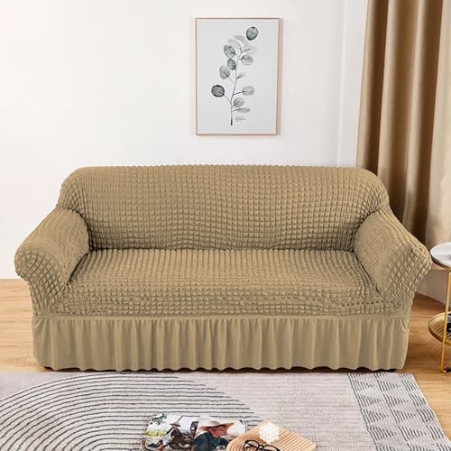 Image of Lukzer 320 GSM Stretchable 5 Seater Turkish Sofa Cover Universal Couch Protector Bubble Fabric with Frill Universal Big Elasticity Slipcover (Sand Beige /SC-101-05)