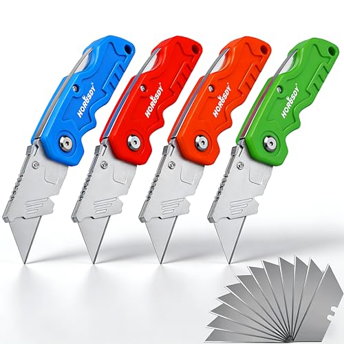 HORUSDY 4-Pack Folding Utility Knife Set, Heavy-Duty Box Cutters with 12 Extra Blades, Quick-Change Razor Knives with Color-Coded Handles (Green/Blue/Red/Orange) for Jobsite, Warehouse & Home Use